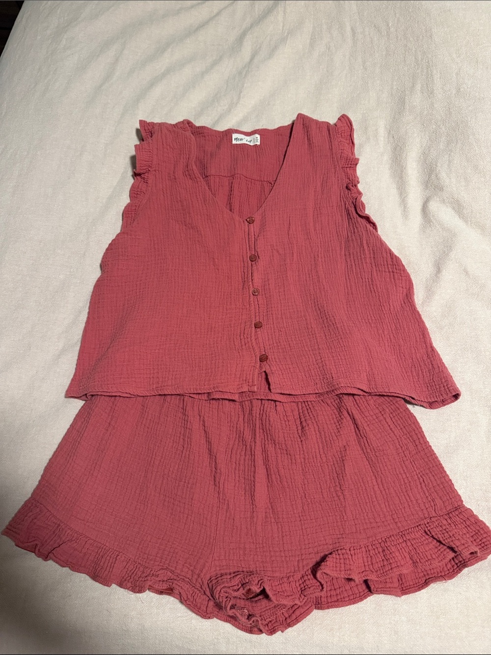 Button-Front Ruffle-Trim Set in Dusty Rose
